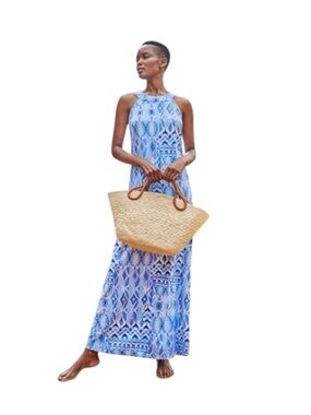 J. McLaughlin Edie Catalina Dress Blue White Print Maxi Sleeveless Dress Small
